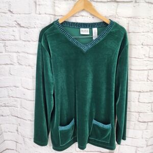 Vtg Green Velvet Top Women Large Glam Sparkle Party Tunic Modest Cottage Boho